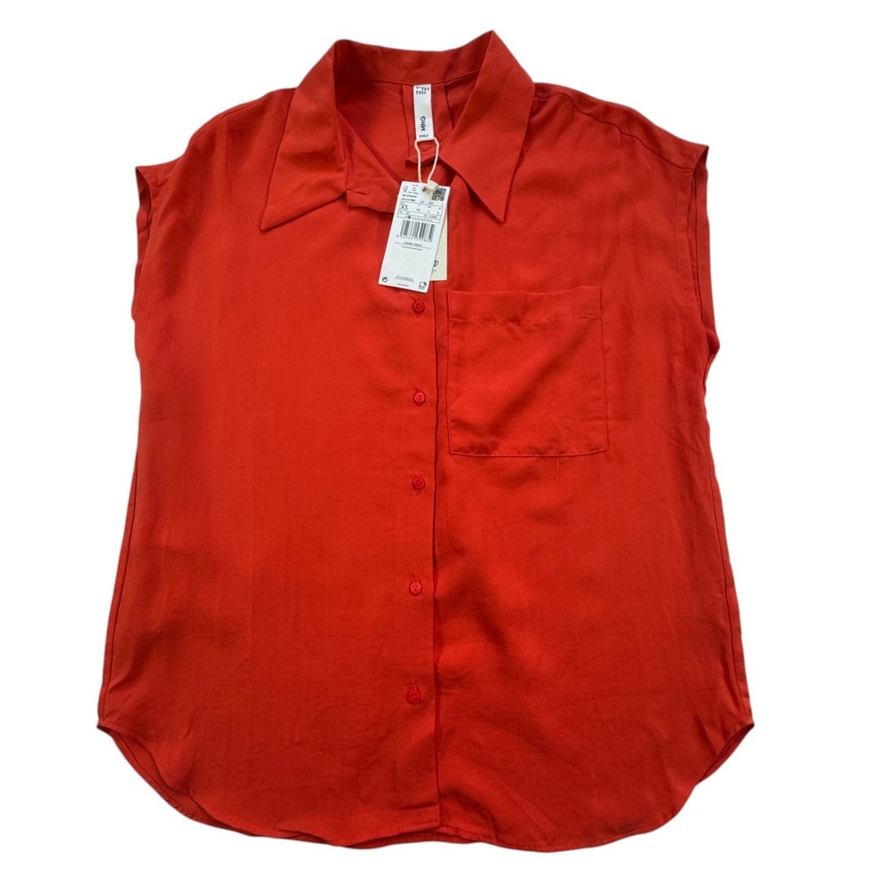 Mango MNG Orange Red Lyocell Sleeveless Shirt Womens XS Collar Button Pocket NWT